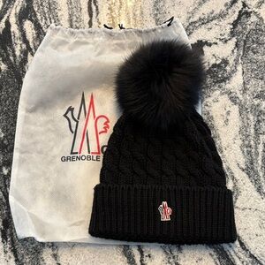 Moncler Wool Black Cable Knit Beanie Women’s with Pom New with original dust bag